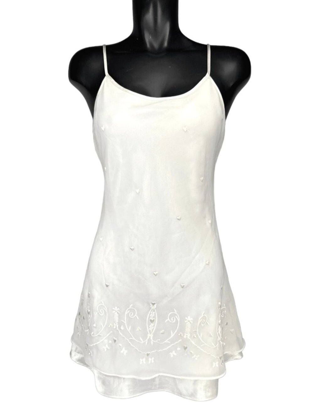 Vintage GALERIES LAFAYETTE Lingerie Heart Embroidered Ivory Slip Dress Size S/M